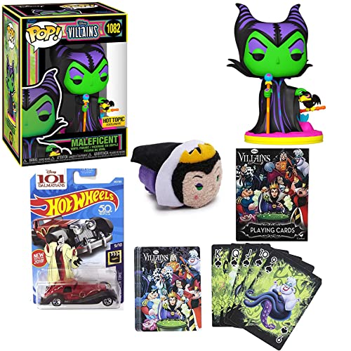 Queen Baddies Disney Villains Pop! Maleficent Exclusive Blacklight Vinyl Evil Ones Bundled with Villainous Character Queen + Car Wicked Cruella De Vil 101 Dalmations & Playing Card Pack Deck 4 Items
