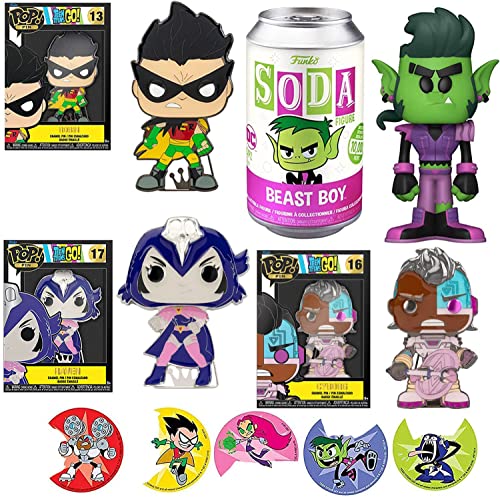 Teen Robin Super Character Teen Titans Beast Soda Figure Hero Pack Adventure Cartoon Beastboy DC Bundled with Pop! Pin Kid & Cyborg, Raven Display + Action Stickers! Starfire, Beast Boy 4 Item Bundle