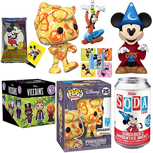 Land of Magic Pop! & Figure Pack Bundled with Sorcerer's Apprentice Mickey Mouse Soda + Walt Disney Villain Blind Box Character + Goofy Mini + Pinocchio Art & Cards 6 Items