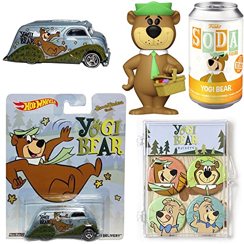 Yogi Cartoon Bear Figure Soda Can Retro Bundled with Delivery Wheels Wagon Die-Cast Nostalgia Pop Culture Car Hanna-Barbera + Boo Boo Bear Mag Set 3 Items
