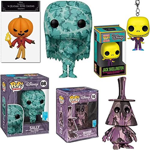 Pumpkin Face Funko Pop! Disney Jack Skellington Pocket Pop! Hanger Black Light Figure Nightmare Before Christmas Bundled with Sally Thorn Artist Series + Mayor Halloweentown + King Mini NBC 4 PCS