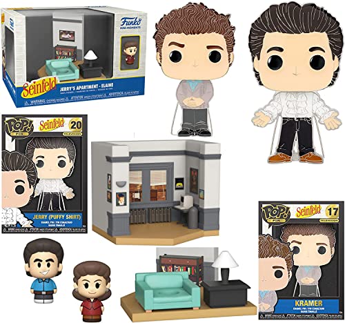 Imagine If You were Kramers Neighbor?: Seinfeld Funko Pop! Bundle - Jerry W/ Puffy Shirt Display Pin + The Kramer Big Fig Pop Character + Comedy Moment Apartments Elaine Mini Figure TV Show 4 Items