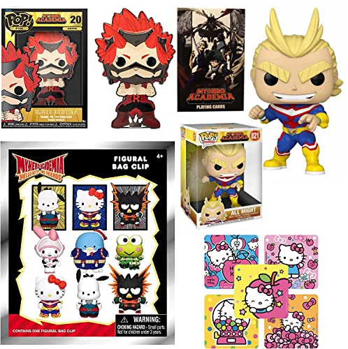 Might Suited Figure Pop! Animation My Hero Academia Bundled with Anime All Might + Kirishima Character Display + Hello Kitty Blind Bag Clip & Card Deck + Stickers (4 Items)