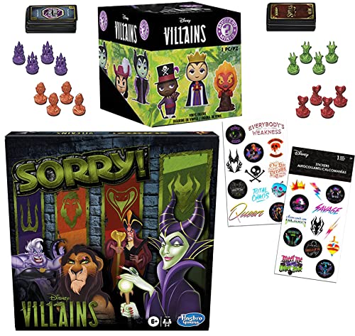 Sinister Sorry Disney Villain Figure Blind Box Bundled with Game & Wicked Sticker Character Pack Ursula, Jafar, Scar Favorites 3 Items
