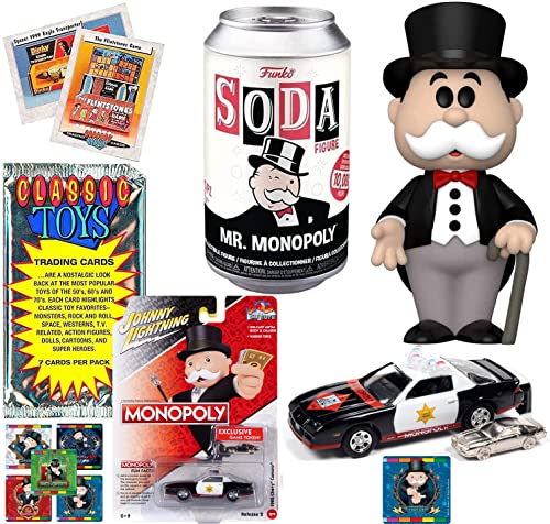 Pass GO Monopoly Pop Figure Can Soda Icon Bundled with Classic Retro Game Token Lightning Police Car Jail + Character Board Games + Vintage Toy Trading Cards & Sticker Pack 3 Items