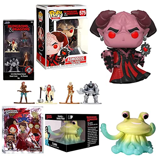 Roll of The Dice Dungeons + Dragons Funko POP! Bundle: Darkness Asmodeus Vinyl + Figures of Adorable Flumph + Blind Bag Hanger + Orc / Elf Paladin / Dwarf Cleric Nano 4 Items