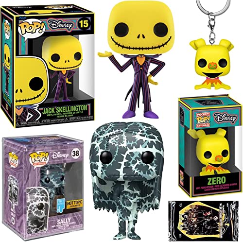 Forever NBC Love: Funko Pop! Disney Art Series Sally 08 Exclusive + Blacklight Jack Skellington Figure + Ghost Dog Zero Nightmare Before Christmas Pocket Hanger Black Light (3 Items)