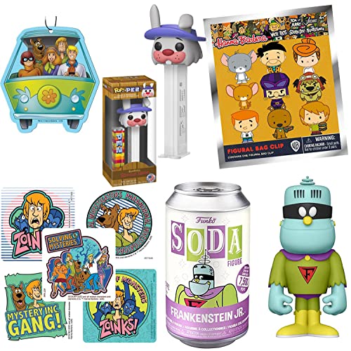 Ricochet Pop! Character Wally Figure Bundled with Rabbit Pez Head Cartoon + Frankenstein Jr. Soda Impossibles Can + Scooby-Doo Fresh + Hanger Hanna-Barbera Flintstones, Jetsons, or Tom Jerry 4 Items
