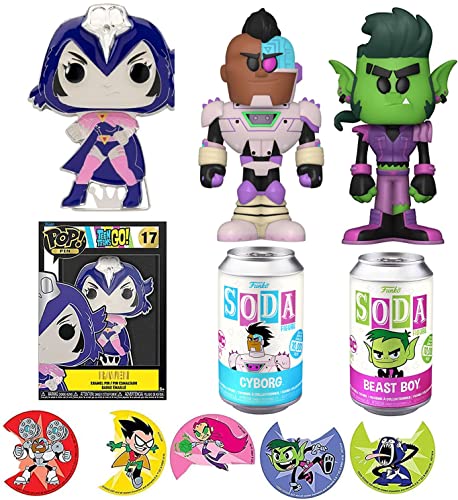 Squad Teen Super Character Titans Cyborg Beastboy Soda Figure Hero Pack Adventure Cartoon DC Bundled with Pop! Figure Pin Raven Display + Super Action Stickers! Robin, Fire, Beast Boy 4 Item Bundle