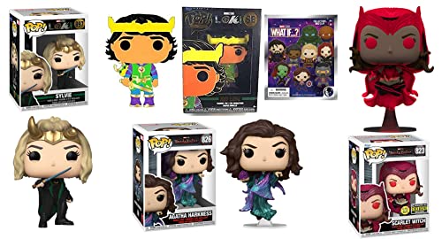 Marvel Studios Funko Pop! Bundle: Agatha Harkness 826/ Scarlet Witch GITD Exclusive 823/ Sylvie 897/ PoP! Pin Kid Loki Black Light Exclusive/ Marvel Studios What If... Figural Collectors Bag Clip