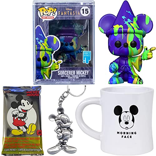 A Wizard Sorcerer Pop! Mouse Mickey Figure Disney Fantasia Art Series Bundled with Pewter Hanger + Morning Sleepy Face + Character Trading Cards 4-Items