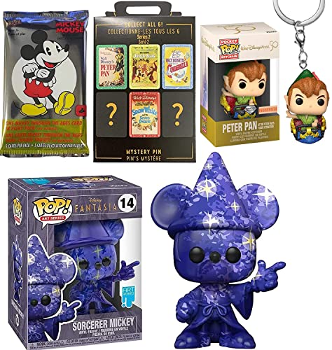 Apprentice Sorcerer Pop! Mickey Mouse Figure Disney Art Bundled with Fantasyland Pocket Hanger Peter Pan Flight Attraction + Fantasia + Movie Blind Box Pin + Character Trading Cards 4-Items