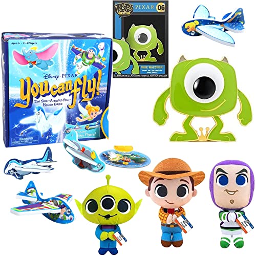 Fly Story Toy Figure Pop! Display Character Disney You Can Fly Bundled with Mike Wazowski Monsters Inc. Big Display Pin + Woody &+ Buzz Lightyear + Alien Mini Plush Fig Game - 5 Items