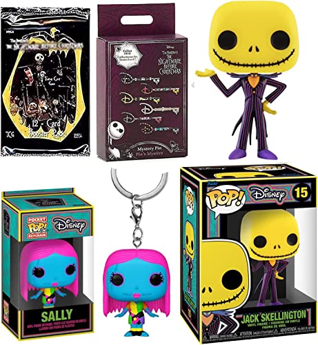 Ghost Nightmare Before Christmas Figure Scary Jack Character Pop! Blacklight Skellington Bundled with Halloween town Key Pin Blind Box & Sally Black Light Hanger + Trading Cards Frightfully Fun 4 item