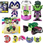 Green Teen Super Character Titans Figure Beastboy Soda Hero Pack Adventure Cartoon DC Bundled with Pop! Figure Pin Raven Display + Beast Car + Super Action Stickers! Robin, Fire, Boy 3 Item Bundle