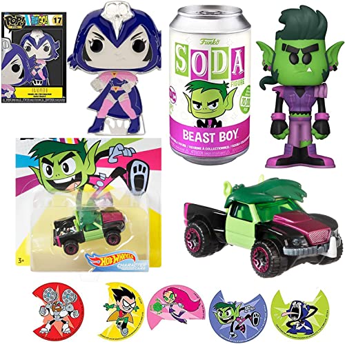 Green Teen Super Character Titans Figure Beastboy Soda Hero Pack Adventure Cartoon DC Bundled with Pop! Figure Pin Raven Display + Beast Car + Super Action Stickers! Robin, Fire, Boy 3 Item Bundle