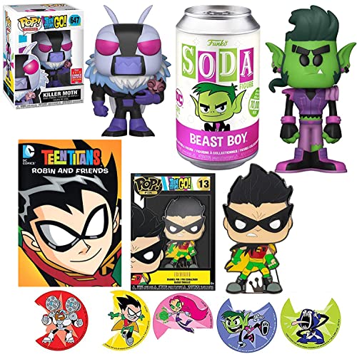 Meet The Teen Titans Beast Soda Figure Hero Adventure Beastboy Bundled with Supervillain Killer Exclusive + Robin Super DC Pop! Pin Display + Action Stickers Starfire, Boy Wonder & Cartoon 4 Items