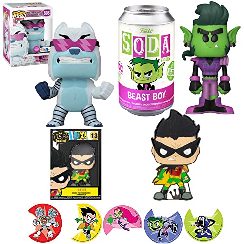 Bear Go! Hero Super Teen Titans Figure Exclusive Bundled with Robin Pop! Character Pin + Beast Boy Soda Fig + Adventure Cartoon Television Stickers 4 Items
