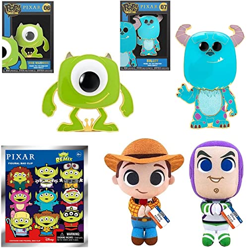 Inc. Story Monsters Toy Figure Pop! Display Character Disney pin Bundled with Sulley + Mike Wazowski & Woody + Buzz Lightyear Plush + Alien Remix Blind Bag Pixar Hanger Mini Fig 5 Items