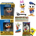 Toon Friends Magic Mini Disney Figures Bundled with Donald Duck & Daisy + Goofy Hanger + Souvenir D Icon + Mickey Mouse Trading Cards 5-Items