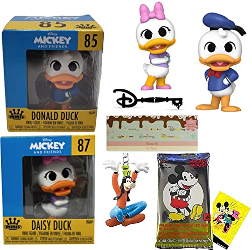 Toon Friends Magic Mini Disney Figures Bundled with Donald Duck & Daisy + Goofy Hanger + Souvenir D Icon + Mickey Mouse Trading Cards 5-Items
