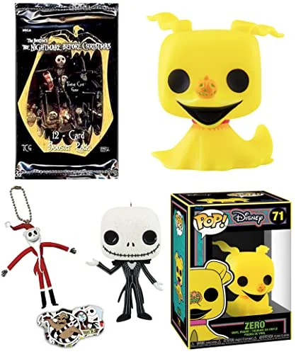 ZeroJack NBX Vinyl Figure Nightmare Before Christmas Black Light Dog Zero Bundled with + 3D Figure Jack Skellington Exclusive Glitter Character Hanger + Santa Mini Bendy + Trading Cards Pack 4 Items