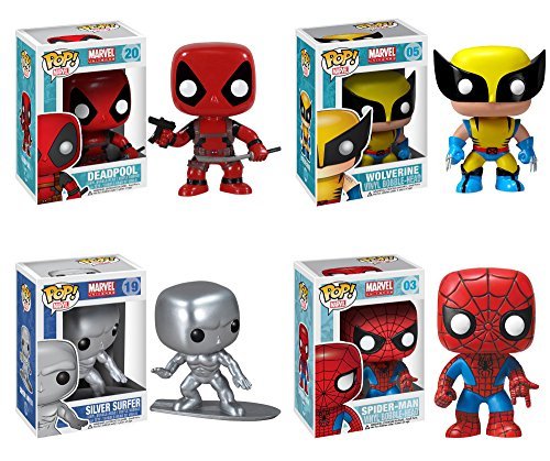 Funko Marvel Vinyl Pop Bobble-Head Collectors Set: Deadpool, Silver Surfer, Wolverine, Spiderman