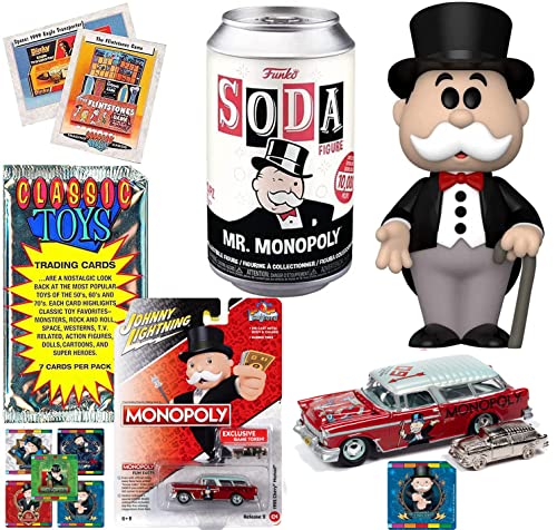 Penny GO Monopoly Pop Figure Can Soda Icon Uncle Bags Bundled with Classic Retro Game Token Pass Lightning Car + Character Board Games + Vintage Toy Trading Cards & Sticker Pack 3 Items