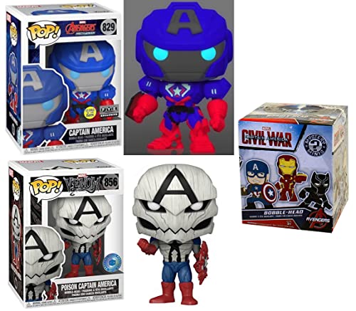 Calling All Captains Funko Pop! Bundle: Marvel Venom Captain America 856 Exclusive + Avengers Mechstrike Captain America GITD Exclusive 829 + 1 Funko Minis Captain America Civil War Box (3 Pcs)