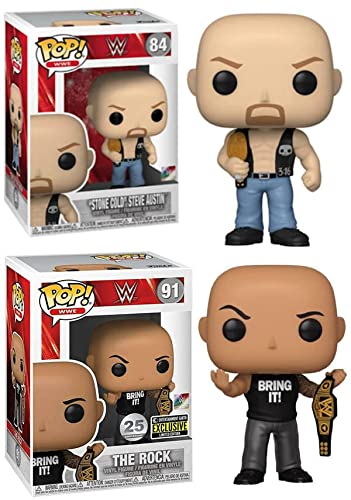 Two of The Baddest Men to Ever WWE Funko Pop! Bundle: Stone Cold Steve Austin 84/ The Rock (Dwayne Johnson) EE Exclusive 25 Year Anniversary 91 (2 Figures)