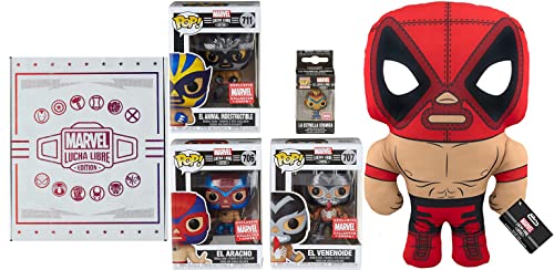 Total Marvel Lucha Libre Edition Exclusive Pop! Bundle:Funko Plushies Marvel El Chimichanga De La Muerte (Deadpool) 17.5in + Funko Lucha Libre Store Exclusive Edition 4-Pack Box Set w/ Bonus Stickers