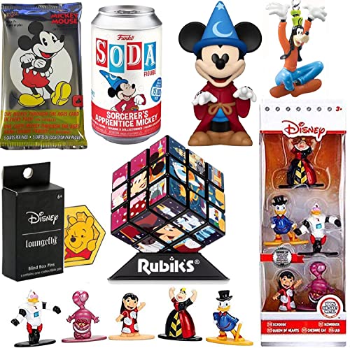 Brave Sorcerer Mickey Mouse Soda Fantasia Figure Bundled with Goofy Character Movie Favorites Alice Wonderland / Scrooge Ducktales + Pooh Pin + Magic Puzzle Cube Cards 6 Items