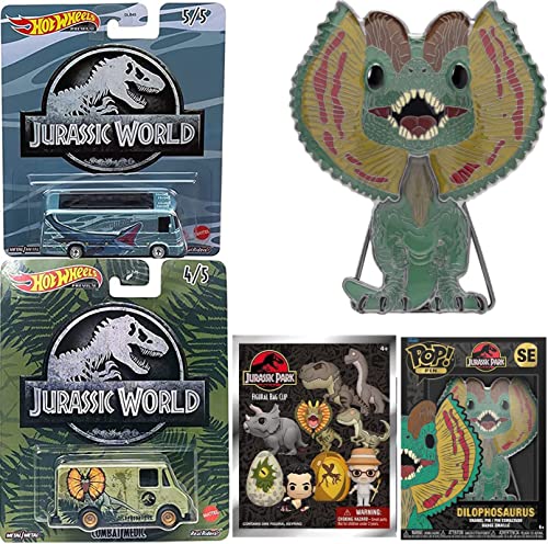 Jungle Jurassic World Dino Figure Dominion Pop! Creature Dilophosaurus Big Pin Display Bundled with Adventure Premium Dinosaur Cars + Blind Bag Park Hanger 4 Items