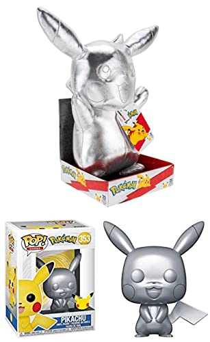 Silver Looks Good On Ya' Pikachu! Funko Pop! Games Pokemon - Pikachu 353 Metallic Chrome 25th + Pokemon Celebration Silver Pikachu Plush 12" Store Exclusive (2 Items)