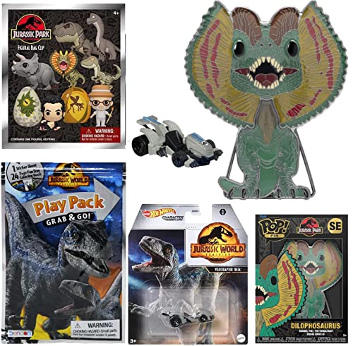 Hunt Jurassic World Dinosaur Figure Dominion Pop! Jungle Pin Creature Dilophosaurus Display Big Bundled with Adventure Stickers + Dino Car + Blind Bag Park Hanger 4 Items