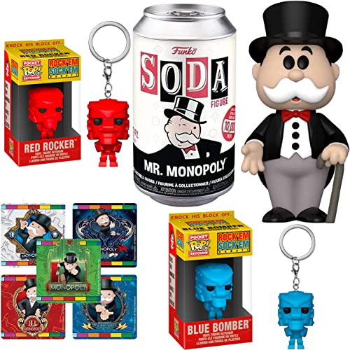Bot Fight Rock Em' Sock Em' Robots Retro Figure Toys Pop! Hanger Bundled with Blue Bomber + Red Rocker + Mr. Monopoly Soda Can + Game Stickers 3 Items