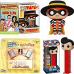 Snack & Slide Figure Funko Ad Icons Bundled with McDonalds Hamburgler Burger Pop! + Bob's Big Boy Head Dispenser Set Fast Food Fun! Belcher Family Mad Word Book Cartoon + Wacky Packs 4-Items