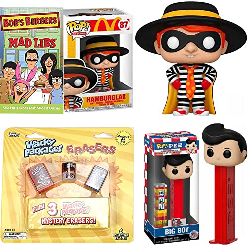 Snack & Slide Figure Funko Ad Icons Bundled with McDonalds Hamburgler Burger Pop! + Bob's Big Boy Head Dispenser Set Fast Food Fun! Belcher Family Mad Word Book Cartoon + Wacky Packs 4-Items