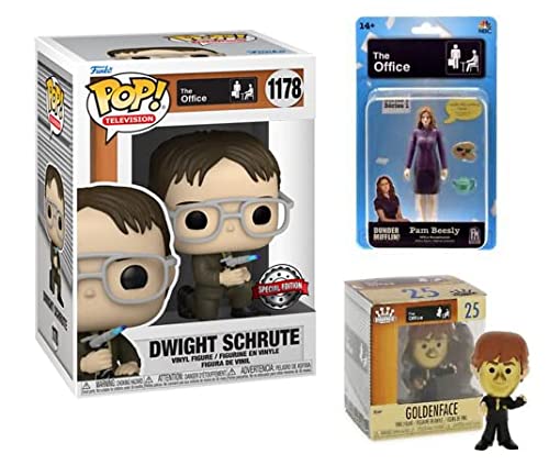 Three of The Best- The Office Funko Pop! Bundle: Golden Face Funko Mini + Dwight Schrute W/ Blow Torch Store Exclusive 1178 + Pam Beesley 5" Tall Action Figure (3 Items)