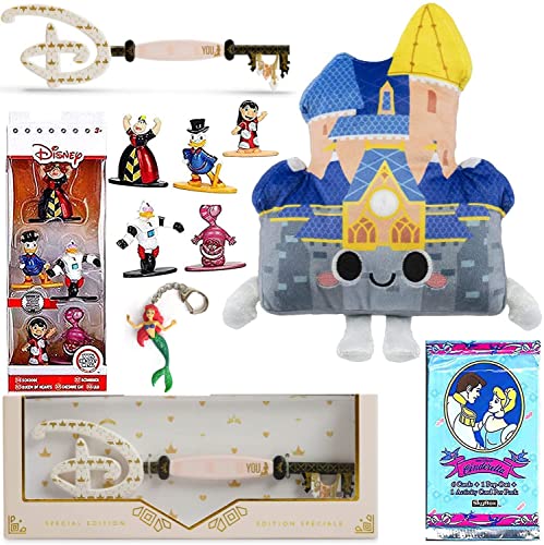 Cinderella Castle Figure Disney Magic Bundled with Princess Key + Classic Character Trading Cards + Mini Figure Queen Hearts / Lilo / Chesire Cat + Kingdom Plush + Ariel Little Mermaid 5-Items