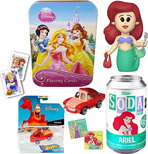 Pretty Little Mermaid Figure Exclusive Soda Disney Classic Ariel Can Bundled with Princess Playing Card Tin + Sebastian Car + Character Sticker 3 Items