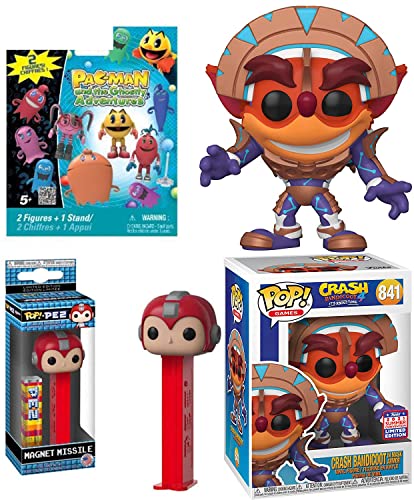 Armor Figure 90's Retro Game Bundled with Classic Video Collection Crash Bandicoot Pop! Head Metallic Exclusive + Pac Man Blind Bag + Magnet Mega Man 3 Items