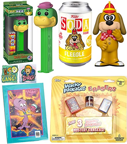 Wacky Toons Banana Splits Soda Figure Can Fleegle Tra-La Bundled with Wally Gator Hanna-Barbera Cartoon Pez Head + Scooby-Doo + Alien Widget Trading Cards + Spoof Packages Retro Fun 4-Items