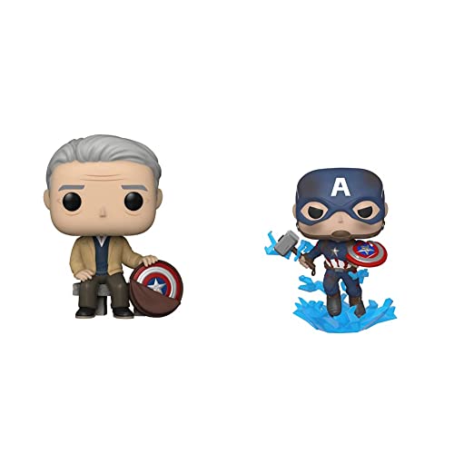 Funko Pop! Marvel: Year of The Shield - Old Man Steve, Amazon Exclusive & Pop! Marvel: Avengers Endgame - Captain America with Broken Shield & Mjoinir,Multicolor,3.75 inches