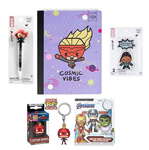 Burst Back to School W/ Girl Power Funko Bundle: Avengers Mystery Mini Box/ Captain Marvel Pocket Pop!/ Black Widow Yoobi Squishy Pen/ Shuri 2pk Eraser/ Captain Marvel Composition Book Ruled (5 PK)