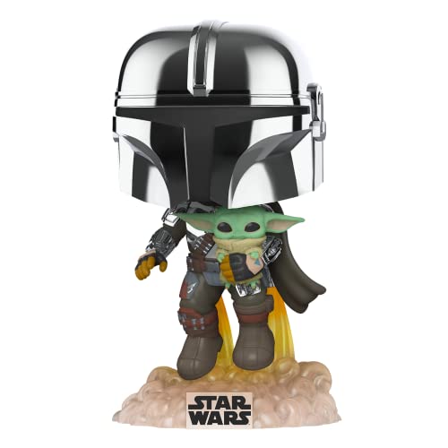 POP Funko Star Wars: Across The Galaxy - The Mandalorian Holding Grogu with Pin, Chrome Finish, Amazon Exclusive, (55496)