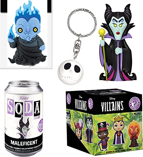 The Baddies Disney Malificent Villain Figure Soda Can Bundled with Mini Blind Box Characters + Jack Skellington Nightmare Hanger + Hades 3D Mag Series Exclusive 4 Items