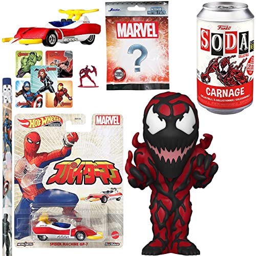 First Spawn of Venom Carnage Symbiote Figure Exclusive Soda Can Supervillain Bundle: Spider-Man Japanese Machine GP-7 Premium Spidey Die-Cast Car + Marvel Nano + Pencil & Stickers 3-Items