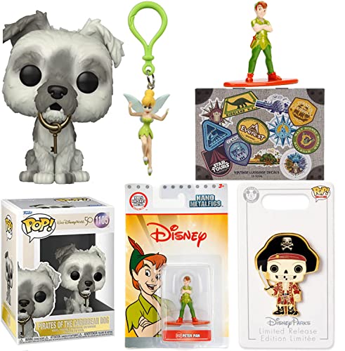 Travel Adventure Pop! Pirates Caribbean Dog Figure Wishbone Walt Disney World 50th Anniversary Park Flight Ride Bundled with Mini Peter Pan + Jolly Roger & Tinkerbell Hanger + Vintage Stickers 5 items