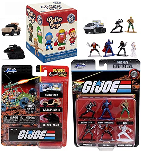 Fight Retro G.I. Joe Adventure Teams Mini Figure Bundled with Blind Box Throw Back Toys + Hollywood Vehicles / Tank / Snow Cat + Nano Fig Metal Cobra / Snake Eyes / Destro 3-Items